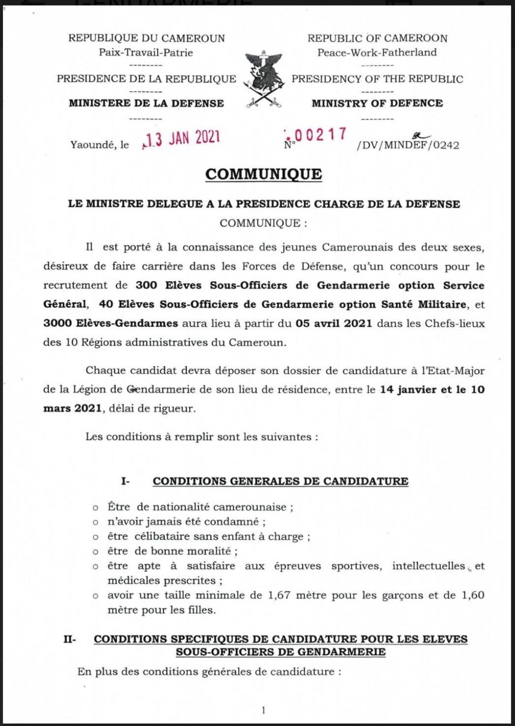 Concours Gendarmerie Cameroun composition du dossier
