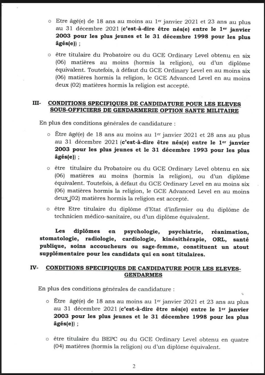 Concours Gendarmerie Cameroun composition du dossier