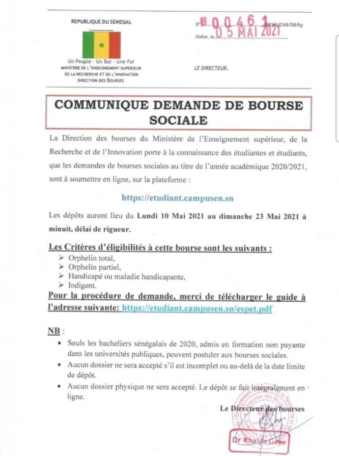 Ouverture Des Dépôts De Demande De Bourse Sociale (2020/2021)