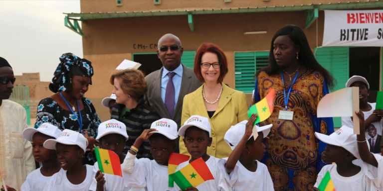 Photo of the week: Alice Albright, Julia Gillard, and Senegal’s Minister of Education Serigne Mbaye Thiam visit the Bitive Seye 1 Primary School in Tivaoune, Senegal