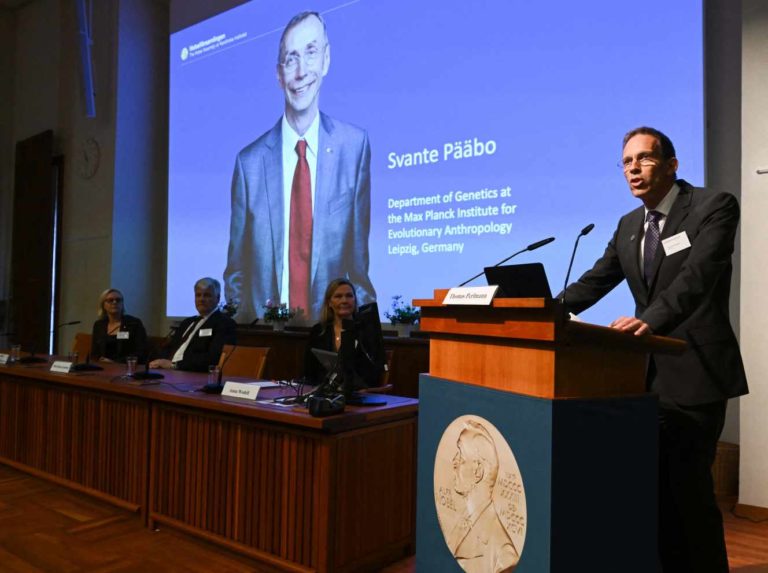 Le secrétaire du comité Nobel de physiologie et de médecine, Thomas Perlmann, annonce le prix Nobel de médecine 2022, le 3 octobre à Stockholm. JONATHAN NACKSTRAND / AFP