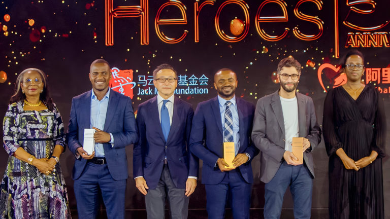 L-R: ABH Grand Finale Judge Ibukun Awosika, Founder of The Chair Centre Group; ABH 2023 Second Prize Winner Thomas Njeru, CEO and Co-Founder of Pula Advisors Limited; ABH Grand Finale Judge Joe Tsai, Chairman of Alibaba Group; ABH 2023 First Prize Winner Dr. Ikpeme Neto, CEO and Founder of Wellahealth Technologies; ABH 2023 Third Prize Winner Ayman Bazaraa, CEO and Co-Founder of Sprints; ABH Grand Finale Judge Dr. Diane Karusisi, CEO of Bank of Kigali.